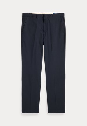 Pantalon formel bleu marine foncé pour homme avec passants de ceinture, poches avant et coupe droite ajustée, présenté à plat sur un fond clair.
