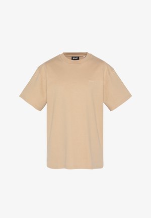 Beige Baumwoll-T-Shirt mit kurzen Ärmeln, Rundhalsausschnitt und dezentem Logo-Detail. Glatte Textur, lässiges Design, normale Passform.