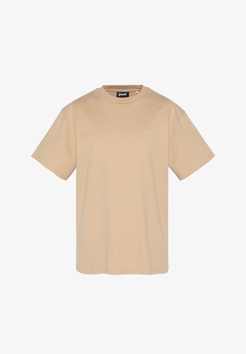 T-shirt in cotone beige, maniche corte, collo a giro e dettagli logo sottili. Texture liscia, design casual, vestibilità regolare.