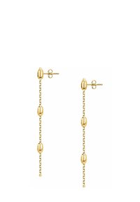 Guld kædeøreringe med tre ovale perler. Designet inkluderer tynde led, og de har en stud-bagside, hvilket giver et elegant, minimalistisk udseende.