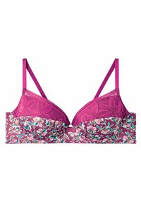 Soutien-gorge en dentelle florale violette avec des bretelles ajustables et une coupe texturée, présentant un motif floral dans des teintes de rose et de vert sur la bande.