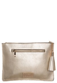 Borsa a mano in metallo dorato con superficie liscia, dotata di una tasca con zip frontale, dettaglio con frange e accessori in tono oro. Forma rettangolare.
