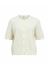 Cremfarbener kurzärmeliger Cardigan mit gestricktem Muster, runder Ausschnitt und Perlenknöpfen vorne zur Schließung. Weicher Stoff.