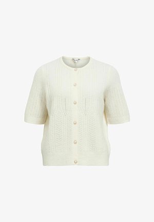 Krämfärgad kortärmad cardigan med ett stickat mönster, rund halsringning och pärlknappar framtill för stängning. Mjuk textur.