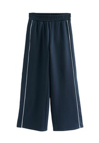 Pantaloni largi de culoare bleumarin, cu talie elastică �și dungi albe pe ambele picioare, proiectați pentru uz casual.