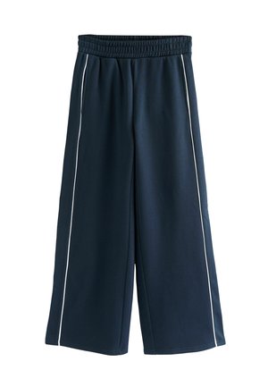 Navy blue wide-leg pants with elastic waistband and white side piping on both legs, designed for casual wear.