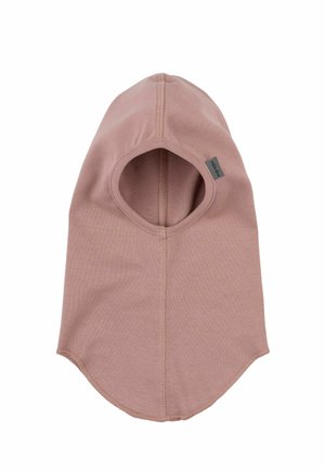 Balaclava en coton rose avec un visage ouvert et un bas arrondi. Dotée de coutures plates et d'une petite étiquette sur le côté, conçue pour offrir chaleur et protection.