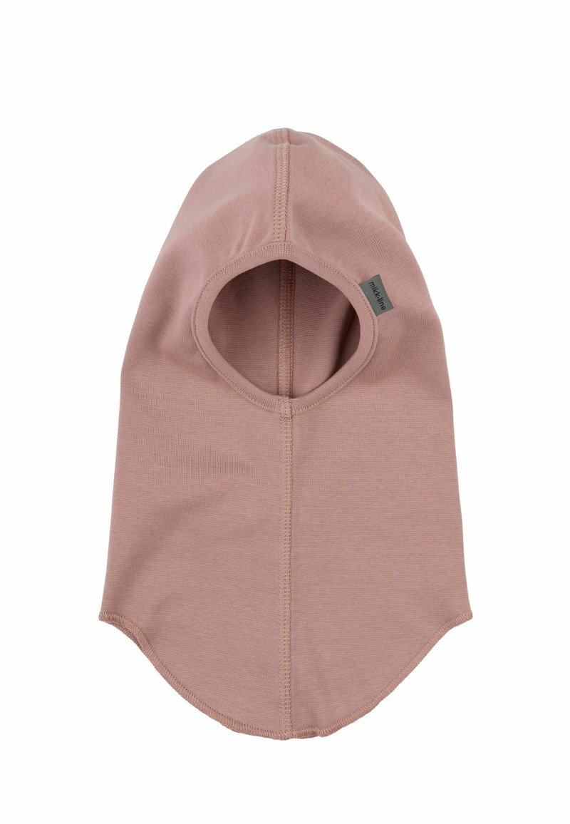 Pink cotton balaclava with an open face and rounded bottom. Features flat seams and a small tag on the side, designed for warmth and coverage.