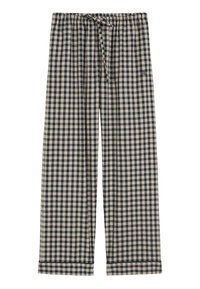 Geverifieerde pyjamabroek in marineblauw en beige, gemaakt van zachte stof. Heeft een elastische tailleband met een trekkoord en omgeslagen zoomdetails.