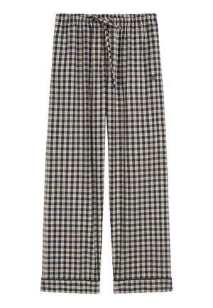 Gestreifte Schlafanzughosen in Marineblau und Beige, aus weichem Stoff gefertigt. Verfügen über einen elastischen Bund mit Kordelzug und aufgerollten Säumen.