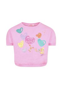Crop top rose en coton, orné de motifs multicolores de cœurs et d'oiseaux pailletés, avec des manches froncées et un ourlet élastique.