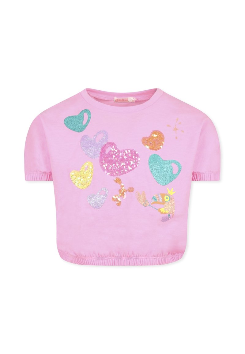 Crop top rose en coton, orné de motifs multicolores de cœurs et d'oiseaux pailletés, avec des manches froncées et un ourlet élastique.