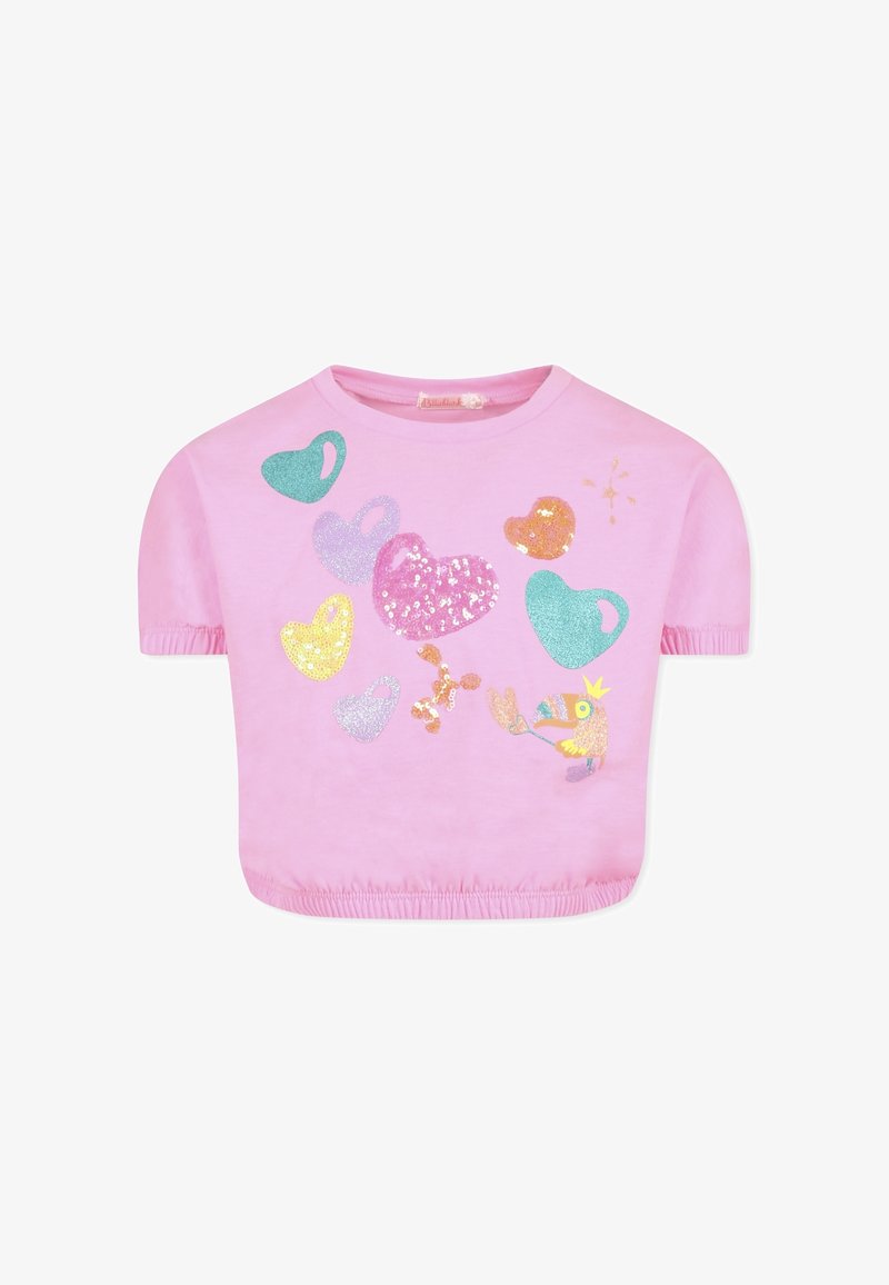 Korte roze crop top van katoen, met meerkleurige, glinsterende hart- en vogelontwerpen, met geplooide mouwen en een elastische zoom.