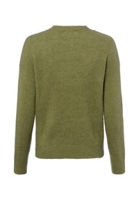 Zielony dziany sweter z okrągłym dekoltem, długimi rękawami i luźnym krojem. Miękka tekstura oraz prążkowane wykończenia na mankietach i dole.