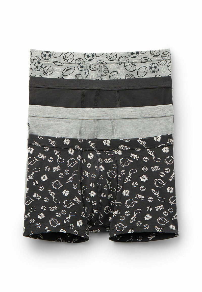 Boxers para hombre en tres colores: gris con estampado deportivo, negro sólido y negro con gráficos de temática de Nueva York. Tejido de algodón suave, cinturillas elásticas.