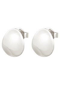 Silverfärgade studörhängen med en slät, rundad design, som har en reflekterande yta och en säker backsida för bekväm användning.