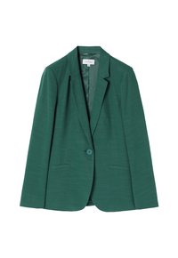 Tyrkysový blazer s jedním knoflíkem, klopovými límci, předními kapsami a hladkým texturovaným materiálem. Podšívka. Navržen v přizpůsobeném střihu.