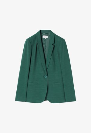 Teal blazer with a single button, notched lapels, front pockets, and a smooth textured fabric. Lined interior. Designed in a tailored fit.