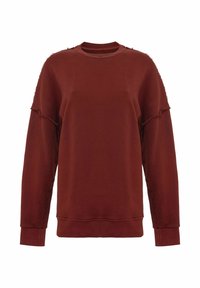 Bordeauxrode sweatshirt met lange mouwen, ronde halslijn, rafelige accenten op de mouwen en een gestructureerde stof. Casual pasvorm met een geribde zoom.