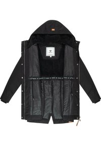 Black outer jacket with a zip and snap closure, lined with textured black material, featuring a hood and an interior logo tag.