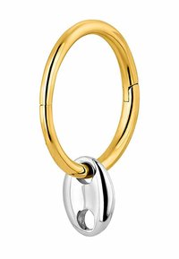Llavero de metal dorado y plateado, diseño circular con un acabado suave, que presenta un pequeño accesorio ovalado con un agujero.