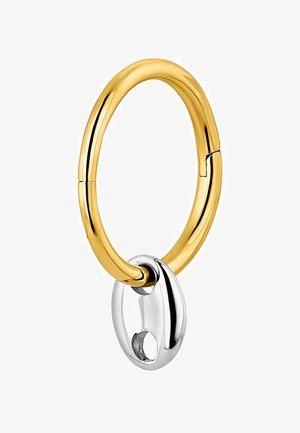 Llavero de metal dorado y plateado, diseño circular con un acabado suave, que presenta un pequeño accesorio ovalado con un agujero.