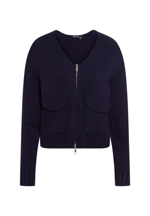 Dunkelmarineblaue Strickjacke mit langen Ärmeln, Frontreißverschluss und zwei Klapptaschen, gerippte Bündchen und Saum.