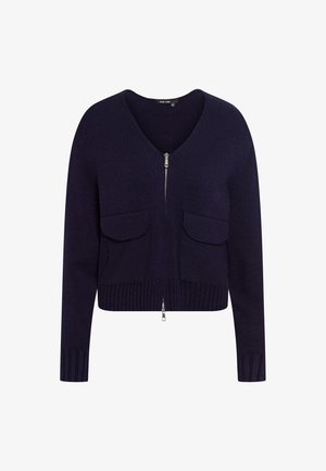 Dunkelmarineblaue Strickjacke mit langen Ärmeln, Frontreißverschluss und zwei Klapptaschen, gerippte Bündchen und Saum.