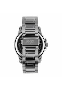 Stainless steel wristwatch with a metal link band, black dial, silver accents, and engraved "regal" on the face and clasp. Round case shape.