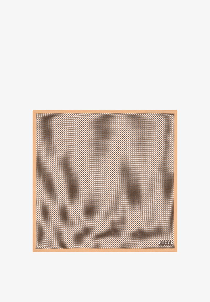 Mouchoir carré en soie avec bord beige et petit motif géométrique marron et blanc, étiqueté "Boggi Milano" dans le coin.