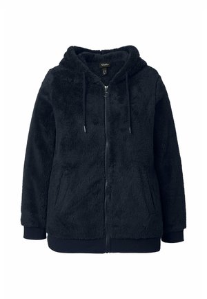 Sort fuzzy zip-up hoodie med snoretræk og sidelommer, der har ribbede manchetter og kant for en tætsiddende pasform.