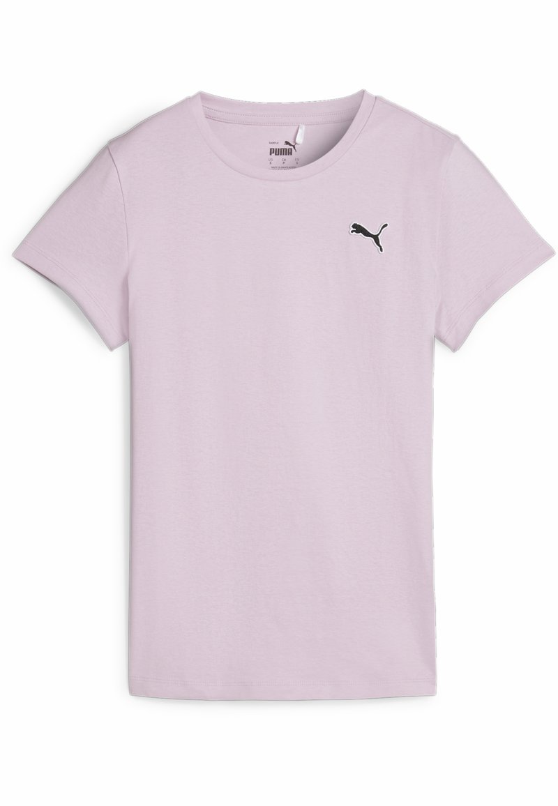 Jasnoróżowy t-shirt z krótkim rękawem, wykonany z miękkiej bawełny, z okrągłym dekoltem. Na górnej lewej stronie znajduje się małe czarne logo Pumy.