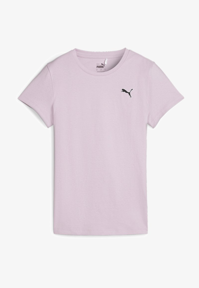 Jasnoróżowy t-shirt z krótkim rękawem, wykonany z miękkiej bawełny, z okrągłym dekoltem. Na górnej lewej stronie znajduje się małe czarne logo Pumy.