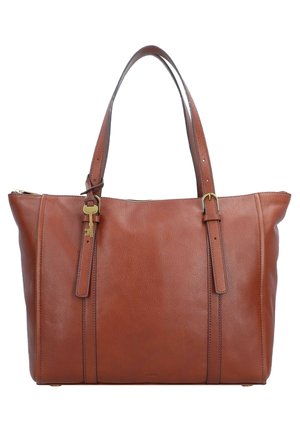 Sac cabas en cuir marron avec deux anses, un pendentif clé doré accroché à l’une des anses, et une fermeture éclair sur le dessus.