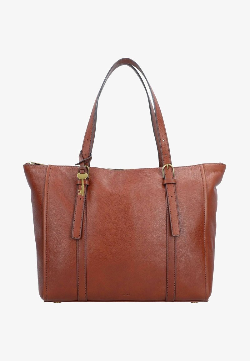 Sac cabas en cuir marron avec deux anses, un pendentif clé doré accroché à l’une des anses, et une fermeture éclair sur le dessus.