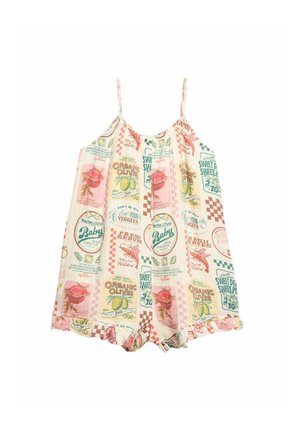 Mouwloze romper met verstelbare bandjes, met een kleurrijke vintage voedseletiketprint, gerimpelde zoom en lichtgewicht stof.