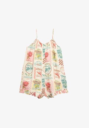 Mouwloze romper met verstelbare bandjes, met een kleurrijke vintage voedseletiketprint, gerimpelde zoom en lichtgewicht stof.