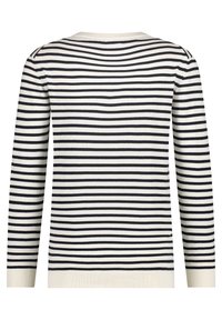 Striped pullover sweater in cream and navy, featuring long sleeves, a round neckline, and a ribbed hem and cuffs. Soft, knit texture.