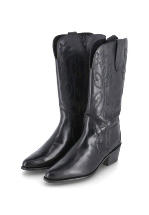 Zwarte leren cowboylaarzen met puntige neuzen, decoratieve stikpatronen, ritsen aan de zijkanten en een lage gestapelde hak.