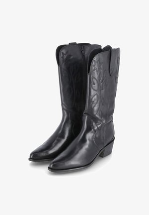 Zwarte leren cowboylaarzen met puntige neuzen, decoratieve stikpatronen, ritsen aan de zijkanten en een lage gestapelde hak.