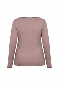 Hosszú ujjú, bordázott felső poros rózsaszín színben, kerek nyakkivágással, sima felülettel és testhez simuló fazonnal.