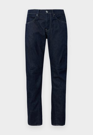 Donkerblauwe denim jeans met een rechtmodel, vijf zakken en contrasterende stiksels. Voorzien van een knoop en rits bij de taille.