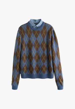 Arģaila raksta džemperis, kurā izmantotas zilo, brūno un dzelteno krāsu kombinācijas. Ribota kakla un piedurkņu apdare, adīta tekstūra. Uzvilkts virs krekla ar apkakli.