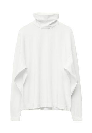 White long-sleeve turtleneck top with a loose fit, drop shoulders, and soft cotton texture. Simple design with no visible patterns or accents.