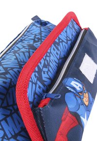 Blue pencil case featuring a Captain America design, red trim, and zippers. Made of durable fabric with a smooth texture and graphic patterns.