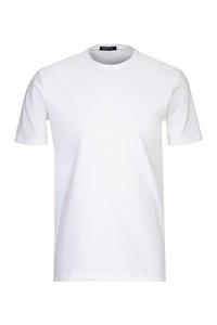 Witte katoenen t-shirt met een ronde hals en korte mouwen. Heeft een eenvoudig ontwerp, zonder zichtbare patronen of accenten.