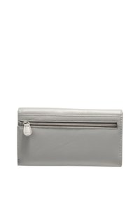 Portafoglio in pelle grigia con una texture liscia. Presenta un compartimento con zip, forma rettangolare e design minimalista.