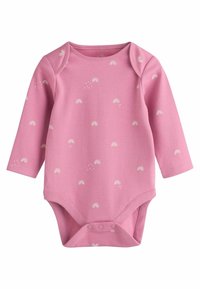 Bodysuit à manches longues rose en tissu doux, avec un motif de petits arcs-en-ciel et de points. Fermeture à pression en bas pour un habillage facile.