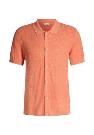 Korte mouwen overhemd in koraal met een subtiel gebreid bloemenpatroon en een klassieke kraag.