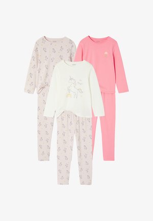 Three long-sleeve children's pajamas: two sets with unicorn and rainbow prints, one solid pink with a small rainbow and "It's Magic!" text.